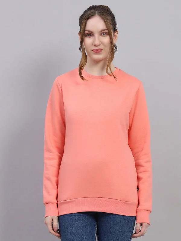 Women Peach Solid Round Neck Full Sleeve Sweatshirt