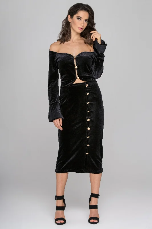 Black Velvet Flare Sleeves Two Piece Midi Dress