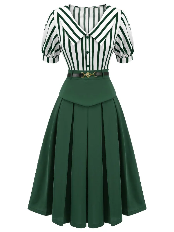 2PCS Green 1950s Striped Blouse & Pleated Skirt