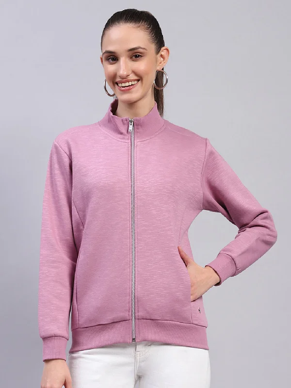 Women Pink Solid Mock Neck Full Sleeve Sweatshirt