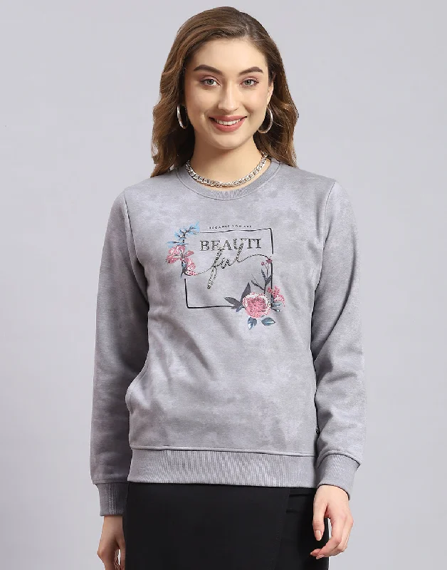 Women Grey Printed Round Neck Full Sleeve Sweatshirt