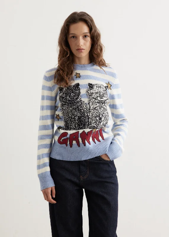 Striped Graphic Wool Mix Cats Crewneck