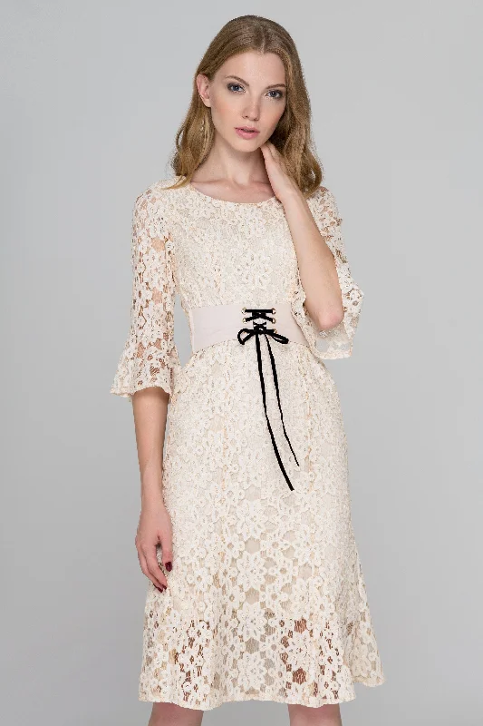 Beige Lace Corset Trumpet Midi Dress