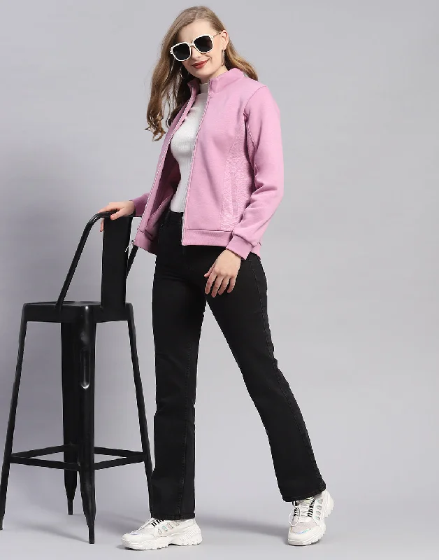 Women Purple Solid Stand Collar Full Sleeve Sweatshirt