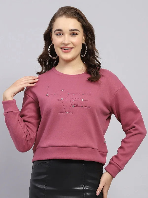 Women Pink Embroidered Round Neck Full Sleeve Sweatshirt