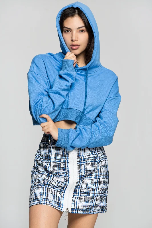 Crayola Blue Drawstring Hooded Crop Jacket with Blue and White Check Print Zip Up Skirt Set