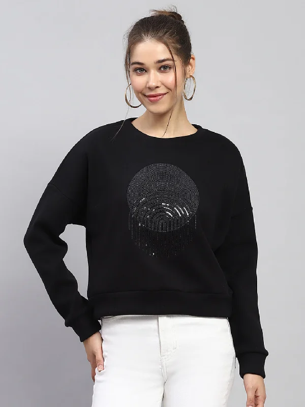 Women Black Embroidered Round Neck Full Sleeve Sweatshirt