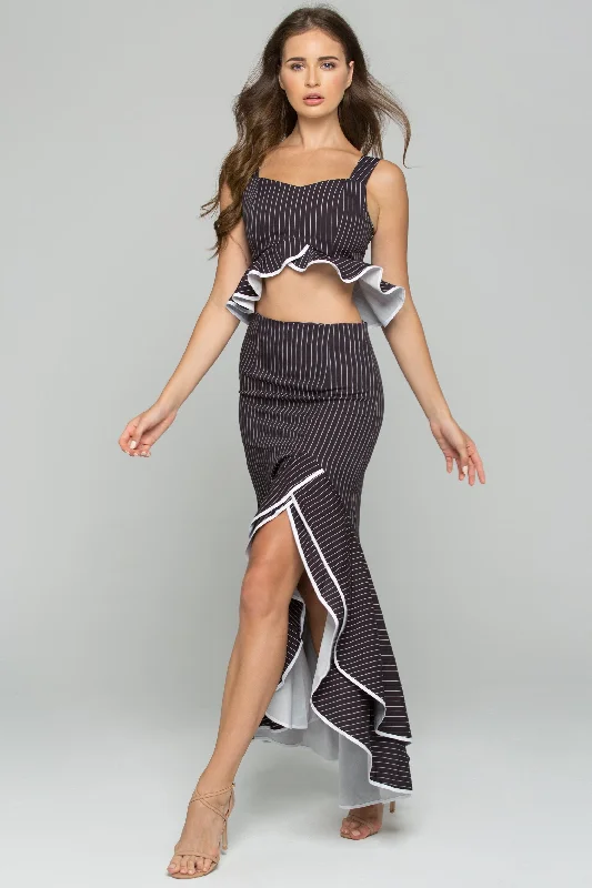 Black and White Pinstripe Ruffled Two Piece Asymmetrical Midi Dress