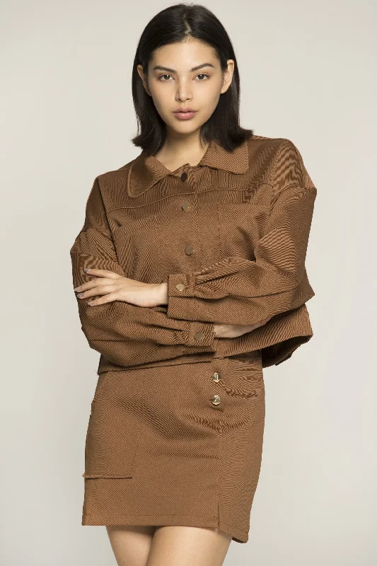 Caramel Brown Button Up Jacket and Skirt Set