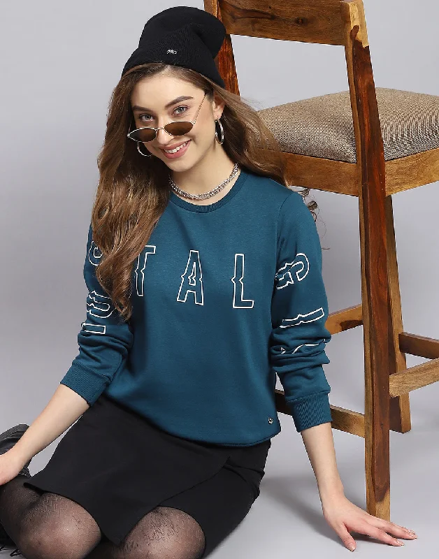 Women Teal Blue Printed Round Neck Full Sleeve Sweatshirt