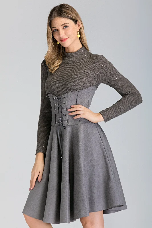 Grey Long Sleeved Suede Corset Waist Skirt Midi Dress