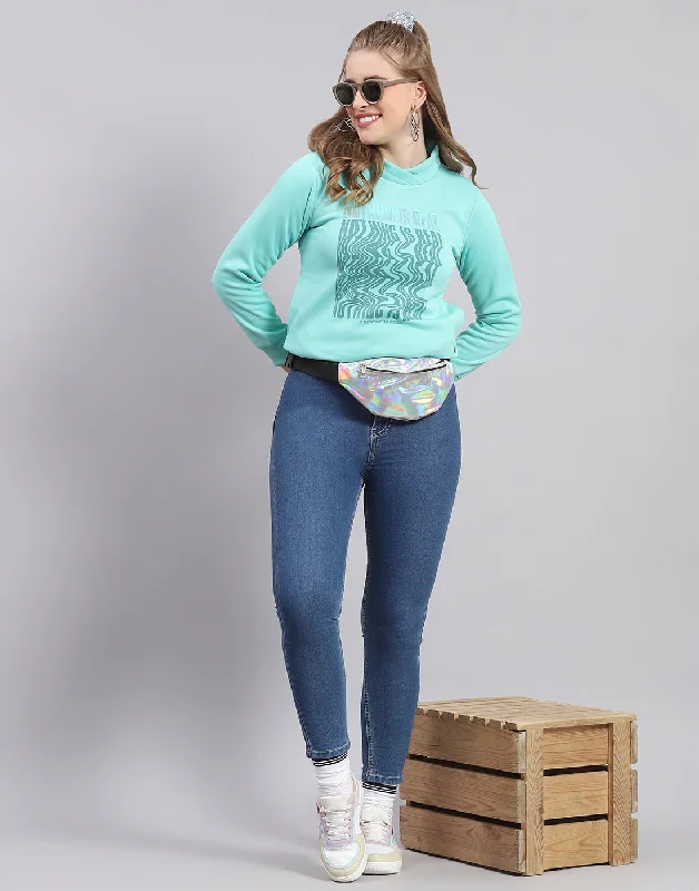 Women Turquoise Blue Printed H Neck Full Sleeve Sweatshirt