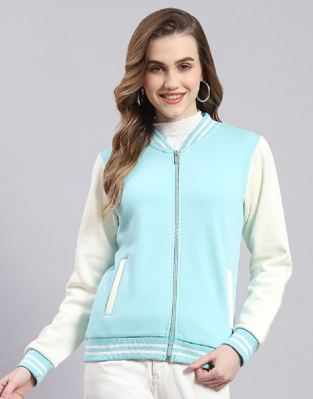 Women Turquoise Blue Solid Stand Collar Full Sleeve Sweatshirt