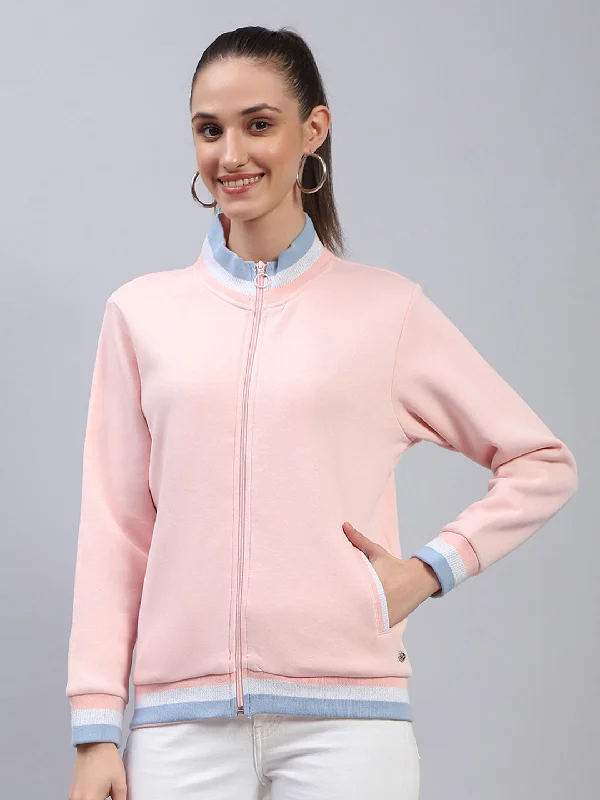 Women Pink Solid Mock Neck Full Sleeve Sweatshirt