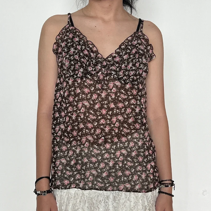 Dark Brown Pink Sheer Floral Ruffled Hem Cami Top