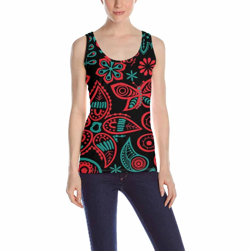 Womens Tank Tops print with red flowers and butterflies