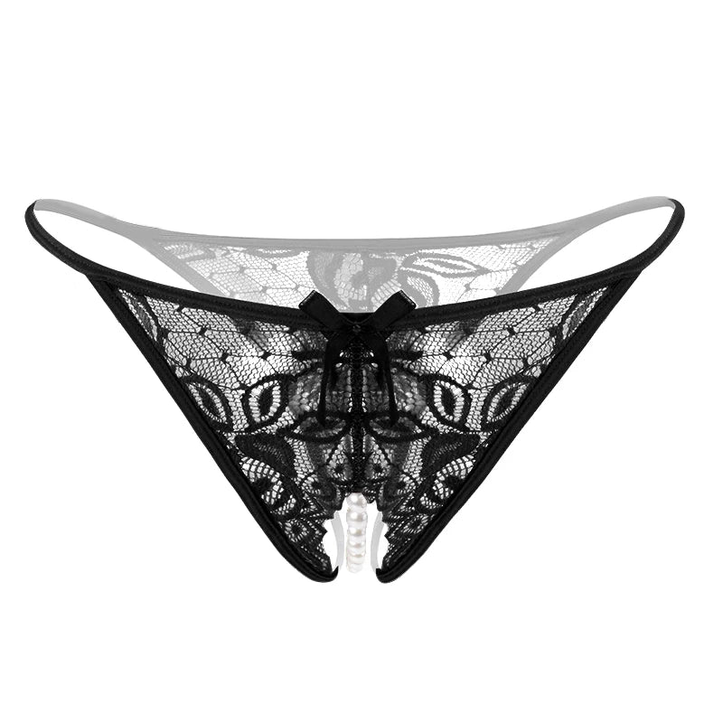 Plus Size Open Crotch Lace Panties with Pearls