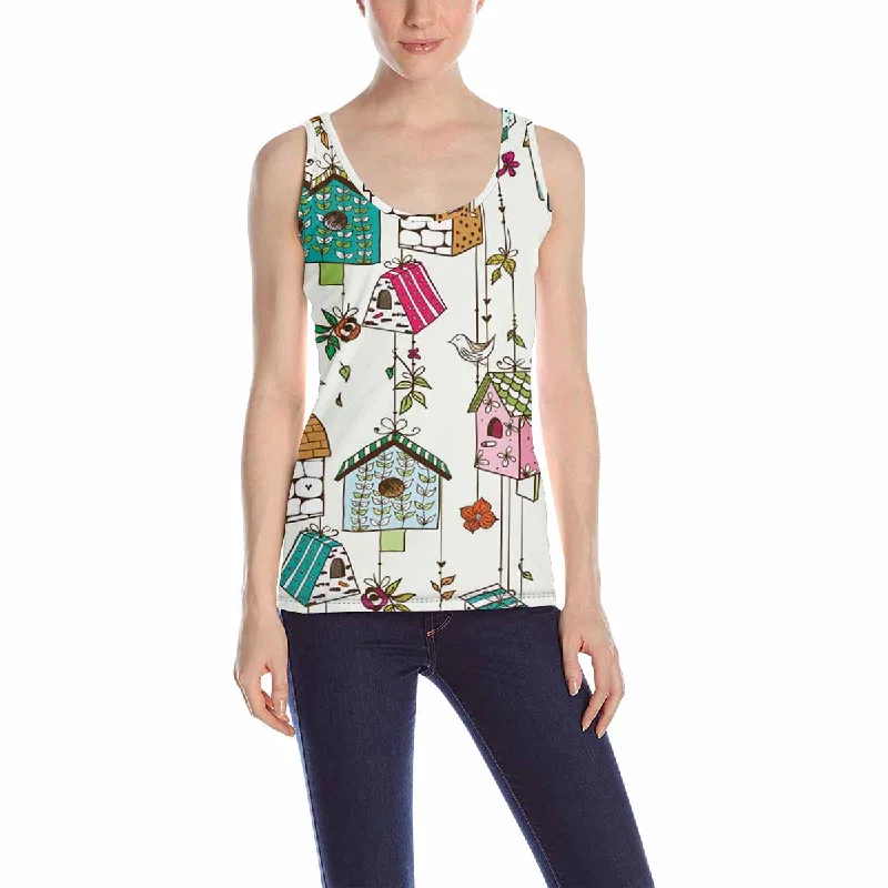 Womens Tank Tops print with Doodle nesting boxes with birds