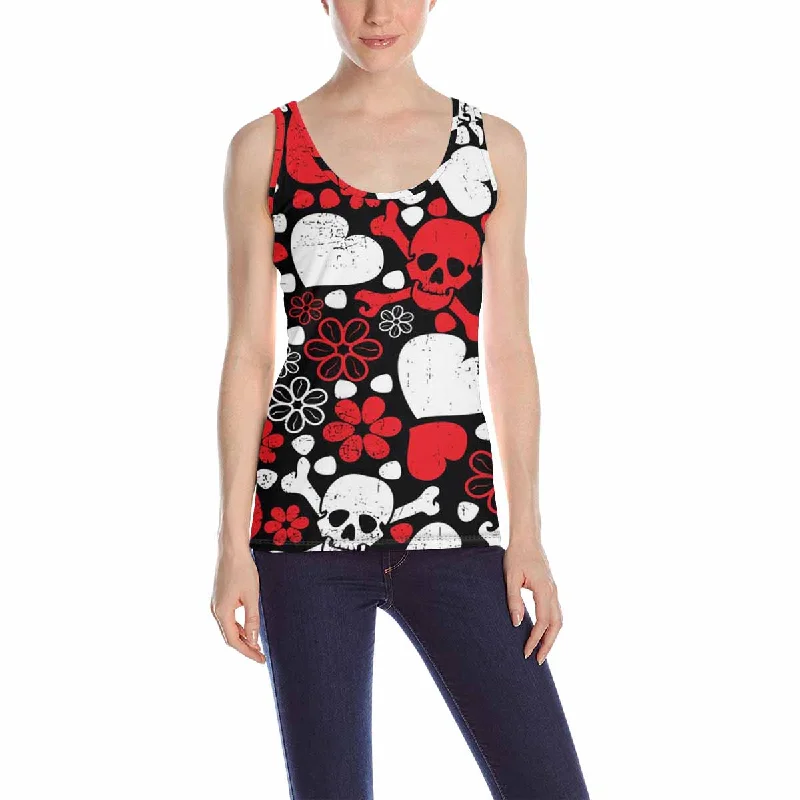 Womens Tank Tops print with Red skulls in flowers and harts