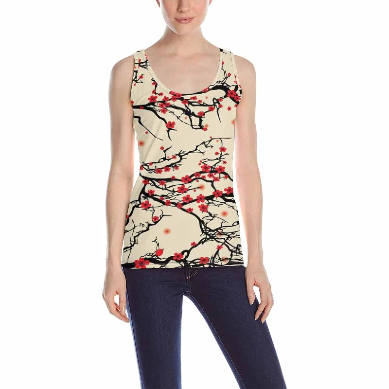 Womens Tank Tops print with retro Cherry blossoms