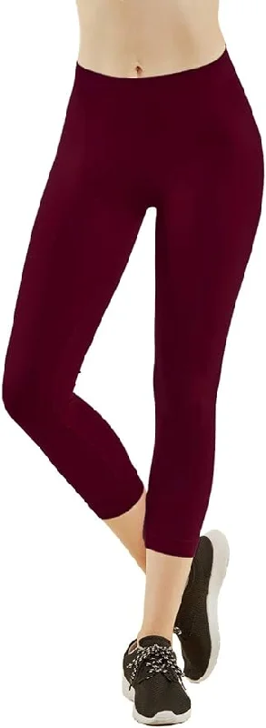 MOPAS Soft Stretch Nylon Blend Unlined Capri Length Leggings with Ribbed Elastic Waistband - Burgundy (EX004_BUR)