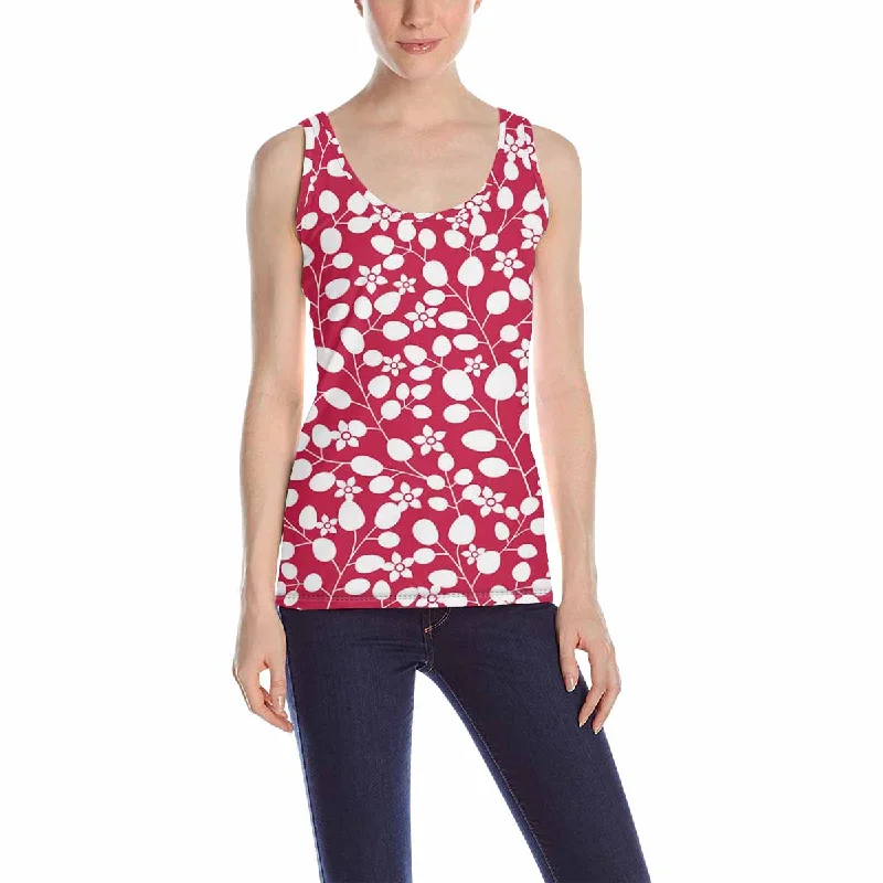 Womens Tank Tops print with pink  flowers and leaf