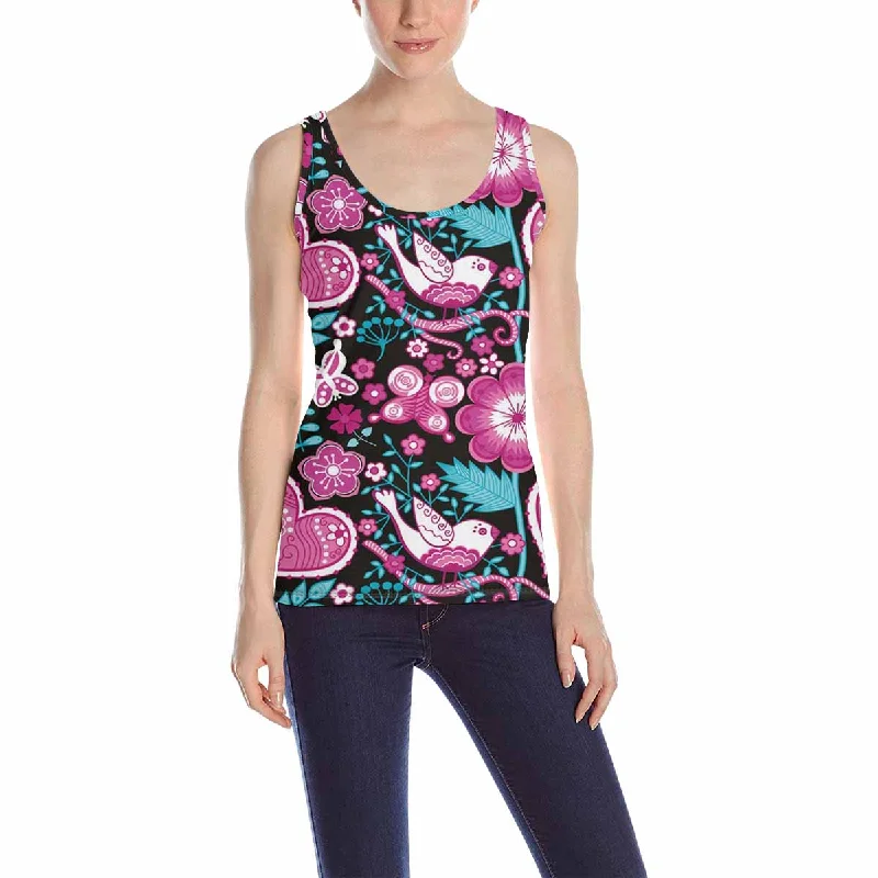 Womens Tank Tops print with purple flowers cute birds