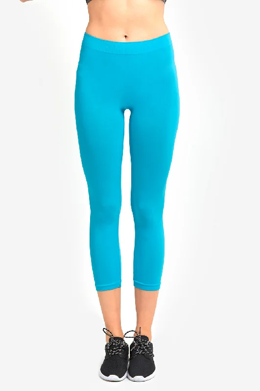 MOPAS Soft Stretch Nylon Blend Unlined Capri Length Leggings with Ribbed Elastic Waistband - Aqua (EX004_AQU)