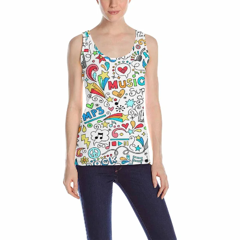 Womens Tank Tops print with Music icons Doodles