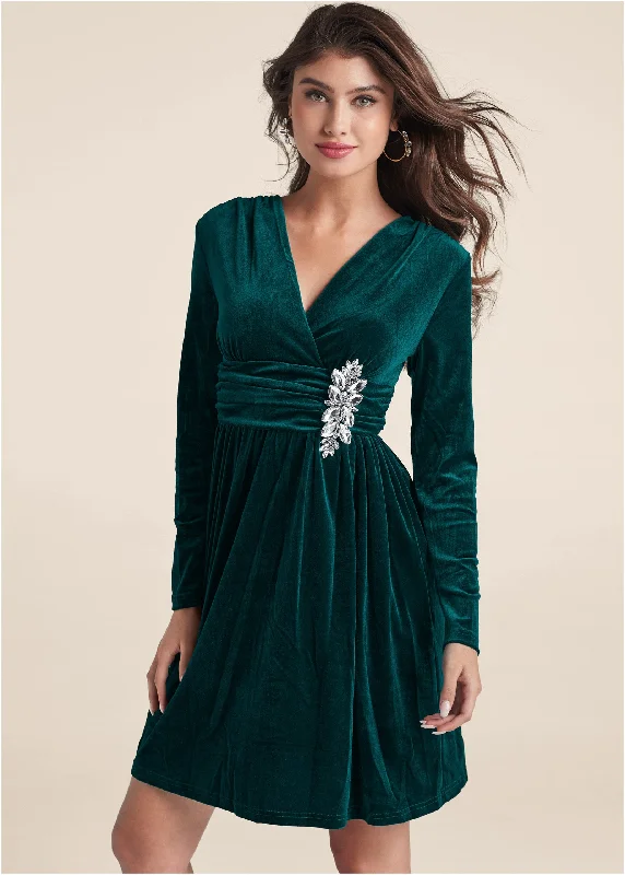 Embellished Velvet Dress - Green