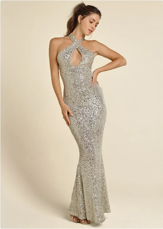 Sequin Keyhole Gown  - Champagne