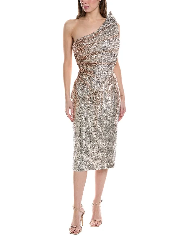 Badgley Mischka Asymmetric Sequin Midi Dress