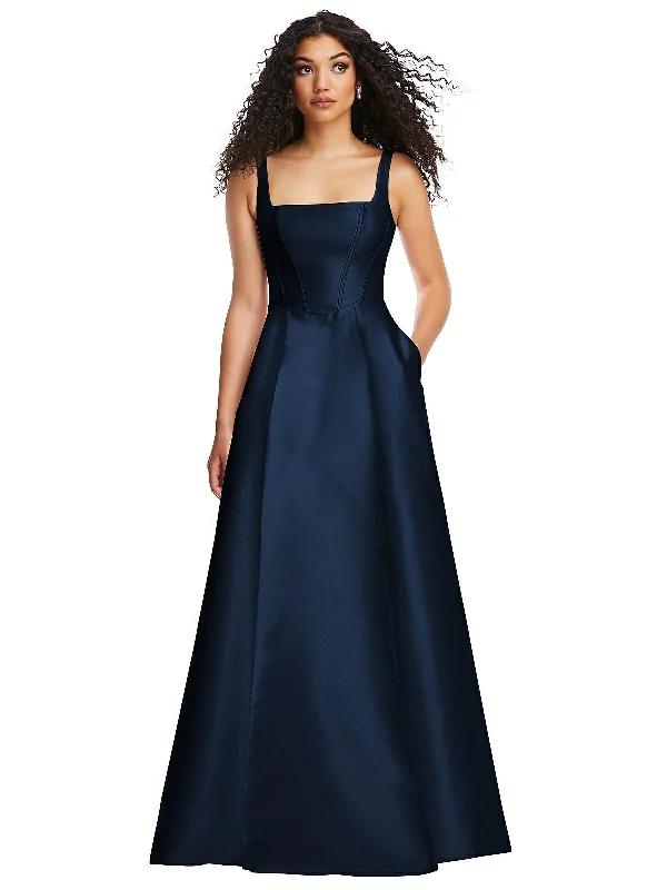 Boned Corset Closed-Back Satin Gown with Full Skirt and Pockets