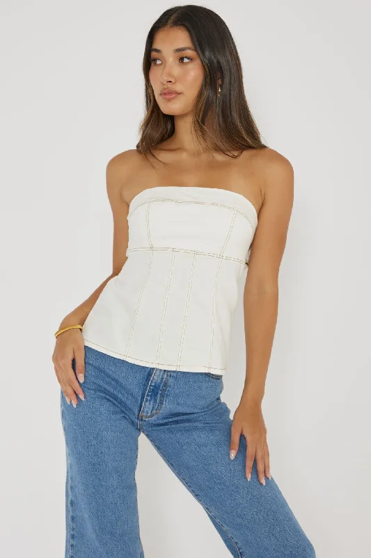 Cathlin Contrast Stitching Strapless Top White