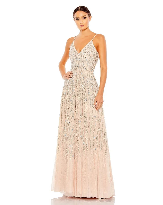 Embellished V Neck Sleeveless Column Gown