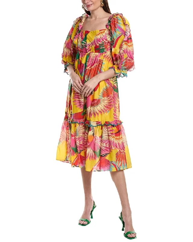 FARM RIO COLORFUL TOUCANS SCALOPS MIDI DRESS