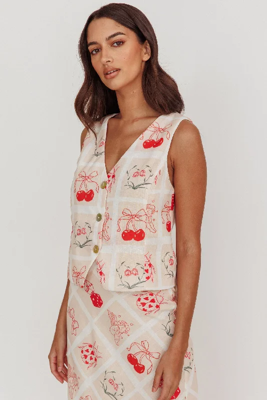 Flowering Romantic Print Sleeveless Vest Beige