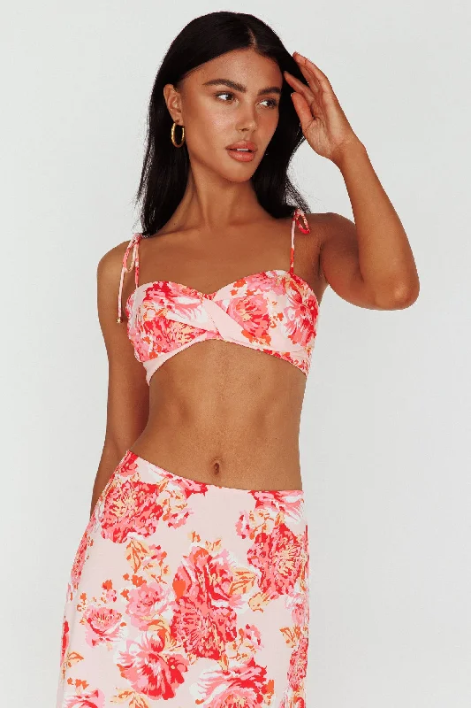 Gabbi Tied Shoulder Crop Top Floral Pink