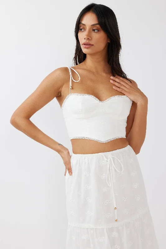 Gracelyn Tied Shoulder Embroidery Crop Top White