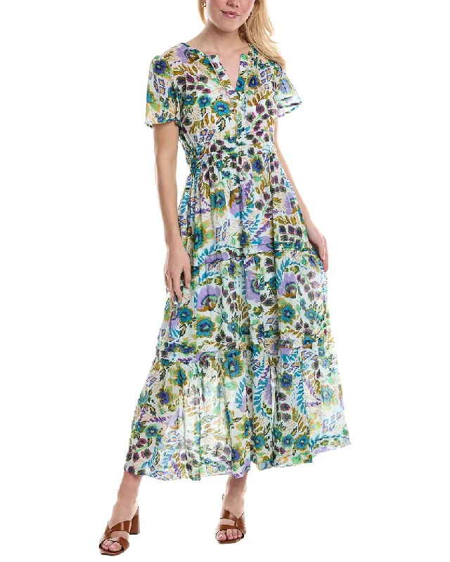 Johnny Was Ikat Bloom Pintuck Tiered Midi Dress