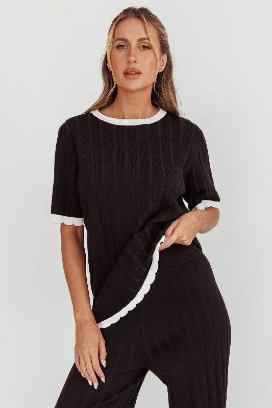 Liloh Contrast Trim Ribbed Knit Top Black