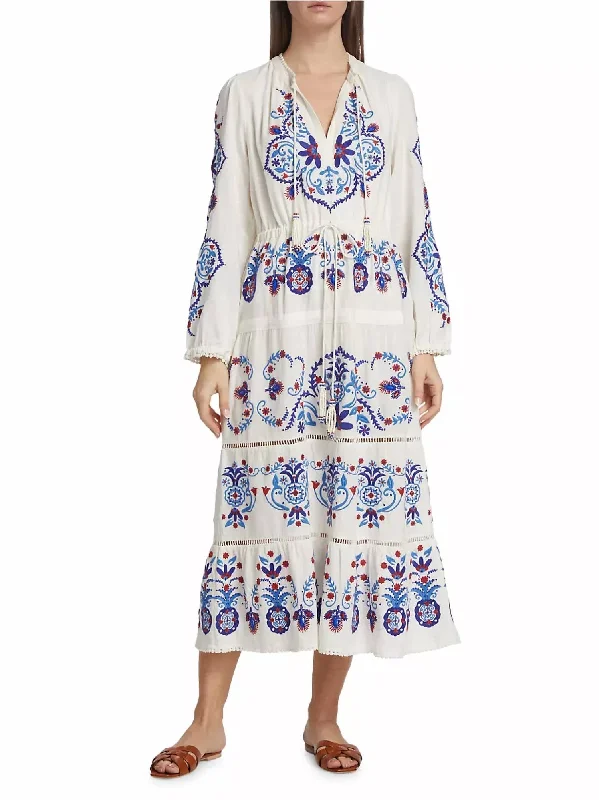 Linen-Blend Embroidered Midi Dress In Off-White Navy