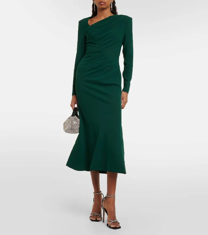 Long Sleeve Rouched Midi Dress In Green