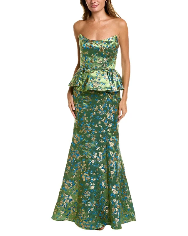 Marchesa Notte Jacquard Peplum Gown