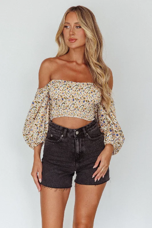 Maureen Off-Shoulder Shirred Crop Top Orange Multi