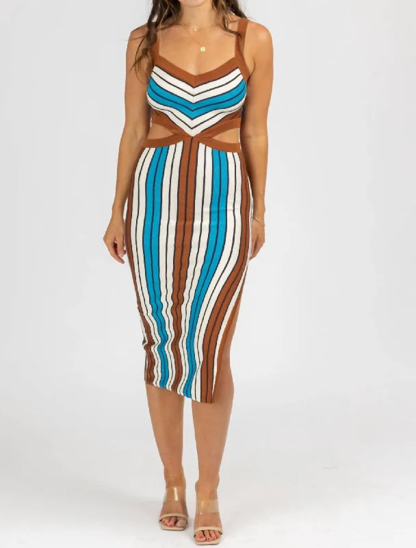 Multistripe Cutout Knit Midi Dress In Brown