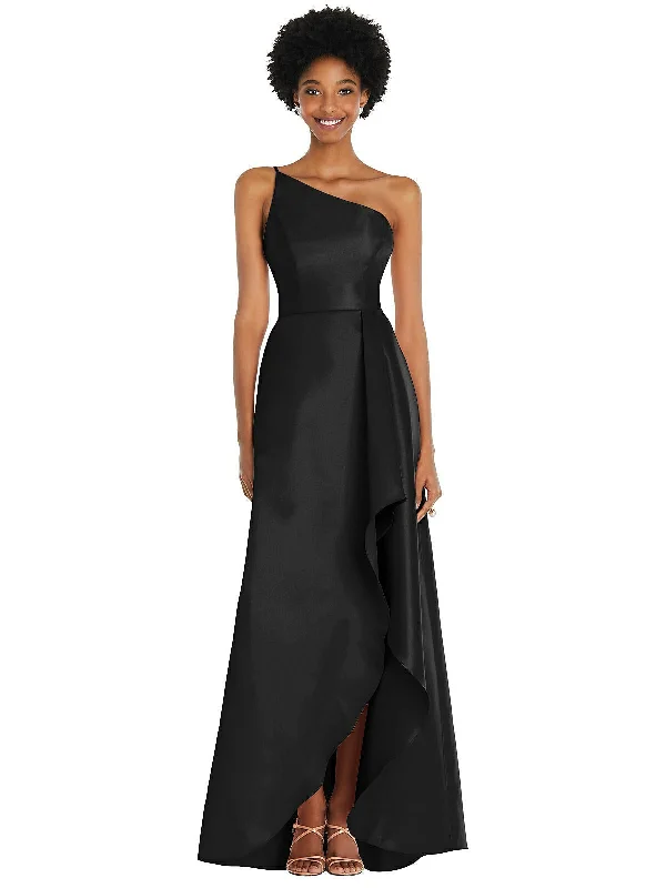 One-Shoulder Satin Gown with Draped Front Slit and Pockets