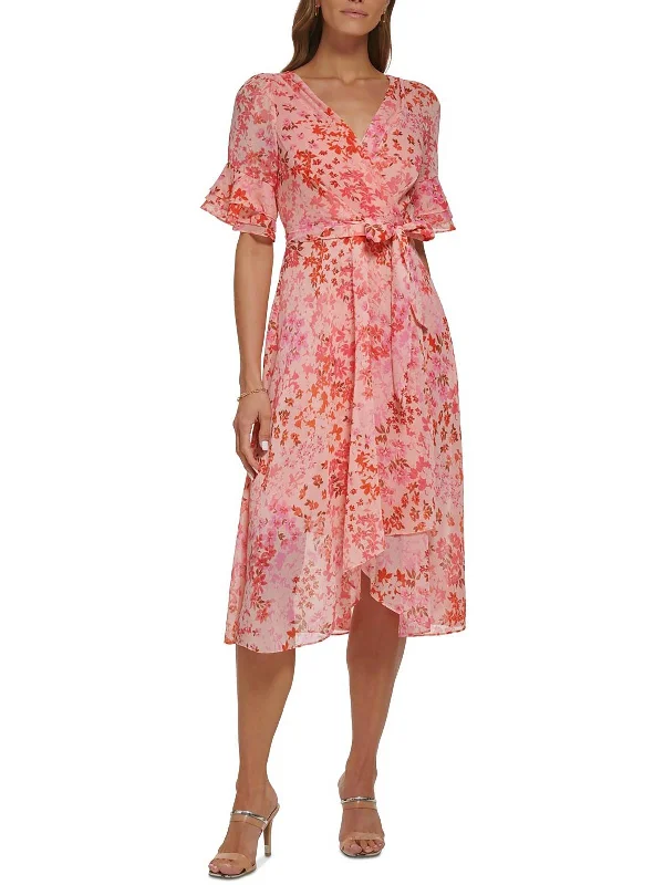 Womens Floral Ruffle Sleeve Midi Dress