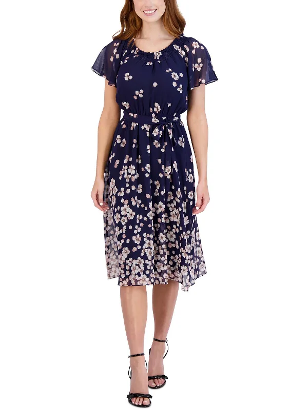 Womens Smocked Mid-Calf Midi Dress