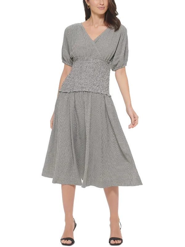 Womens Surplice Puff Sleeves Midi Dress